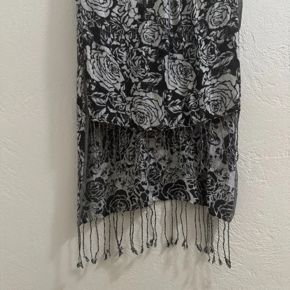 Silver Metallic Black & White Rose Scarf